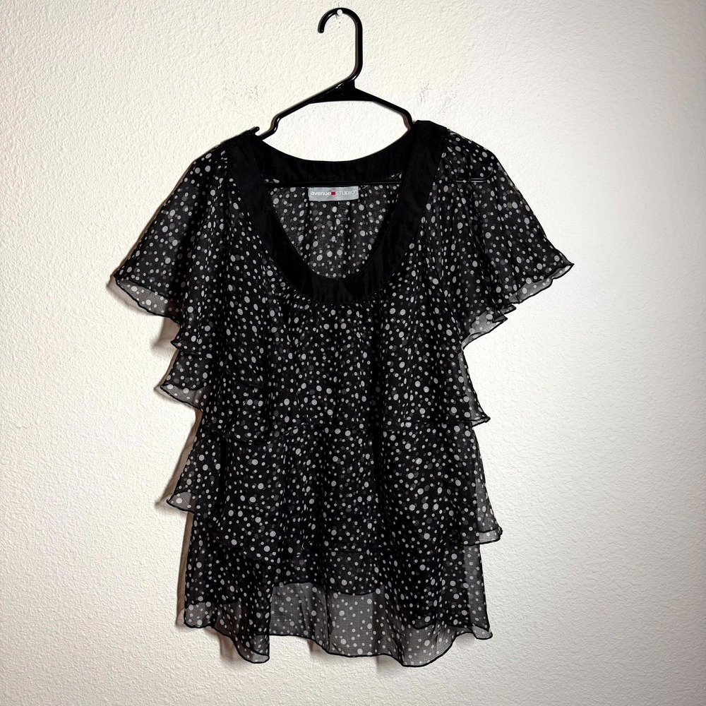 Avenue Studio Layered Top Womens Black White Sheer Polka Dot Flutter Sleeves